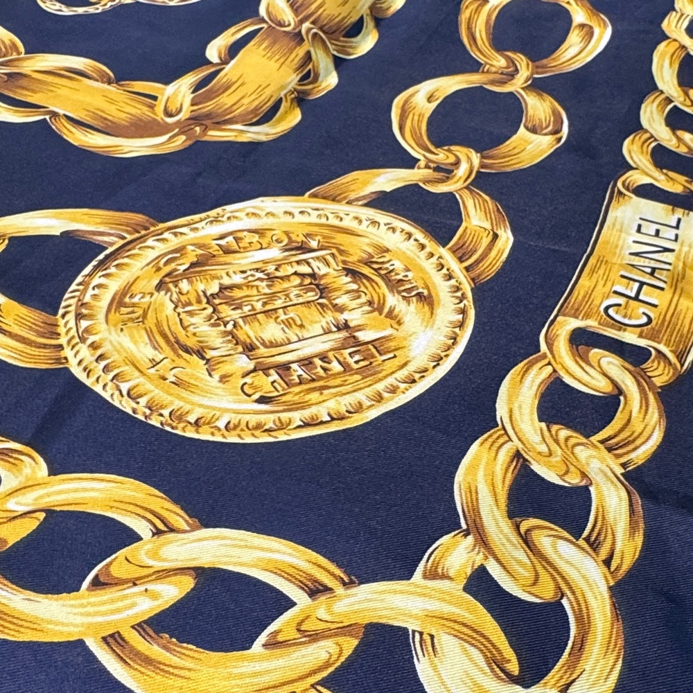 Authentic CHANEL Elegant Navy and Gold Silk Scarf - Picture 12 of 12